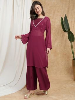Globus - Women Maroon V-neck Embellished Kurta Crop Top and Pant
