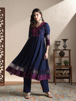 Globus - Women Navy Blue Sequin A-line Kurta With Pant