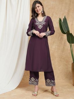 Globus - Women Purple V-neck Sequin Embroidered A-line Kurta With Pant