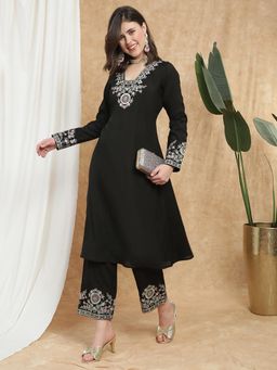 Globus - Women Black V-neck Sequin Embroidered A-line Kurta With Pant