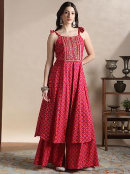 Globus - Women Pink Shoulder Straps Embroidered Yoke A-line Kurta and Palazzo