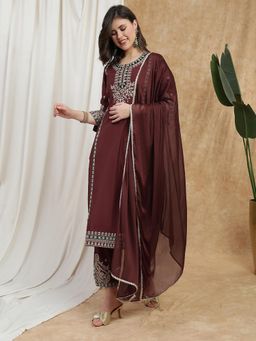 Globus - Women Maroon Embroidered Kurta Pant and Dupatta