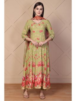 Aurelia - Women's Green Floral Embellished Anarkali Kurta Pant and Dupatta