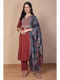 Aurelia - Women's Maroon Embroidered A-Line Rayon Kurta Pant and Dupatta