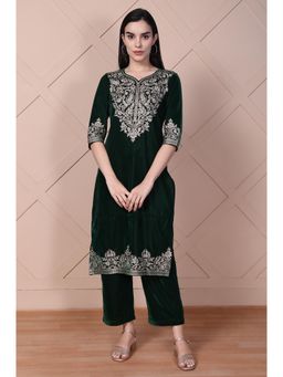 Aurelia - Women's Green Embroidered Straight Acrylic Blend Kurta with Palazzo