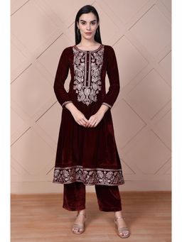 Aurelia - Women's Maroon Embroidered A-Line Velvet Kurta with Palazzo