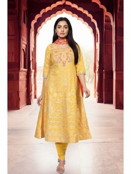 Aurelia - Women's Yellow Embroidered A-Line Jacquard Kurta Legging and Dupatta