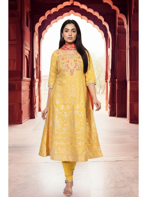 Aurelia Women's Yellow Embroidered A-Line Jacquard Kurta Legging and Dupatta