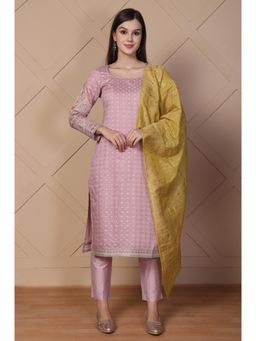 Aurelia - Women's Pink Embroidered Straight Jacquard Kurta Pant and Dupatta