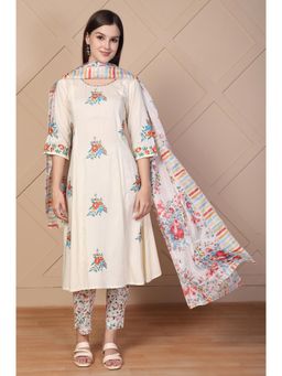 Aurelia - Women's Off-White Embroidered A-Line Cotton Kurta Pant and Dupatta