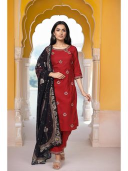 Aurelia - Women's Marron Embroidered Straight Kurta Pant and Dupatta