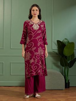 FASHOR - Mirror Embroidered A-Line Kurta with Palazzo - Burgundy