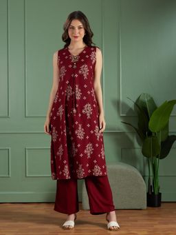 FASHOR - Floral Printed A-Line Flared Kurta with Palazzo - Maroon
