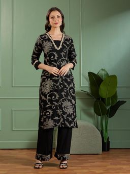 FASHOR - Floral Bandhani Printed Straight Fit Kurta with Palazzo - Black