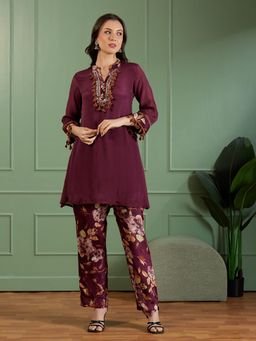 FASHOR - Solid Mirror Embroidered A-Line Kurta with Printed Pant - Burgundy