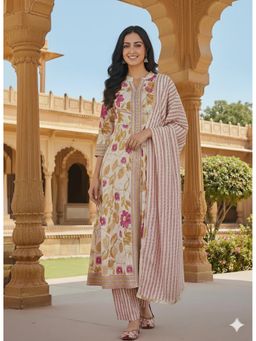 FASHOR - Floral and Stripes Printed Anarkali Flared Kurta Pant and Dupatta - Off White