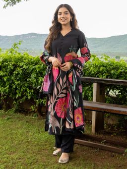 FASHOR - Floral Printed Embroidered Straight Fit Kurta with Pant and Dupatta - Black