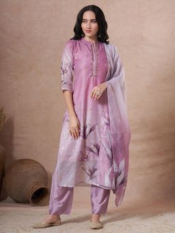 FASHOR - Floral Printed Embroidered Straight Fit Kurta with Pant and Dupatta - Mauve