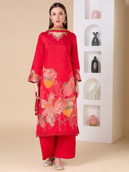 FASHOR - Embroidered Straight Fit Kurta with Palazzo and Dupatta - Red