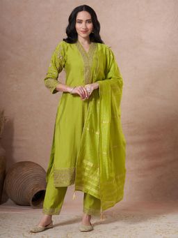 FASHOR - Solid Sequin Kurta with Pant and Dupatta - Lime Green