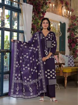 FASHOR - Ikat Printed Straight Fit Kurta with Palazzo and Dupatta - Deep Purple