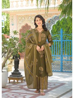 FASHOR - Embroidered A-Line Kurta with Palazzo and Dupatta - Green