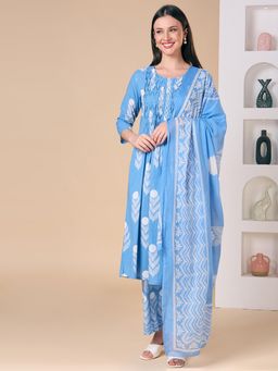 FASHOR - A-Line Shell Tucked Kurta with Palazzo and Dupatta - Blue