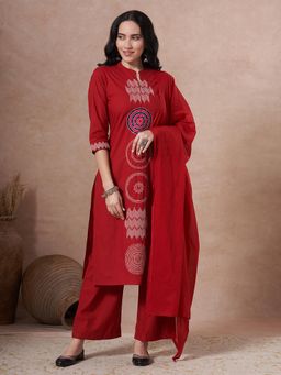 FASHOR - Embroidered Straight Fit Kurta with Palazzo and Dupatta - Red