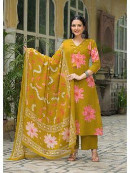 FASHOR - Embroidered A-Line Kurta with Palazzo and Dupatta - Green