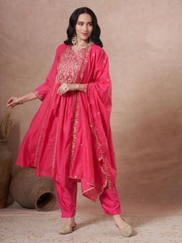 FASHOR - Solid Sequin Embroidered A-Line Paneled Kurta with Pant and Dupatta - Pink