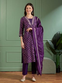 FASHOR - Leheriya Printed Straight Kurta with Pant and Dupatta - Purple