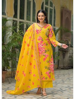 FASHOR - Floral Printed Kurta Palazzo and Dupatta - Yellow