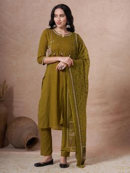FASHOR - Ethnic Embroidered Straight Kurta with Pant and Dupatta - Green
