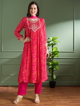 FASHOR - Festive Bandhani Printed Embroidered A-Line Kurta with Pant and Dupatta - Rani
