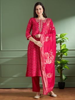 FASHOR - Embroidered and Kurta with Pant and Dupatta - Pink