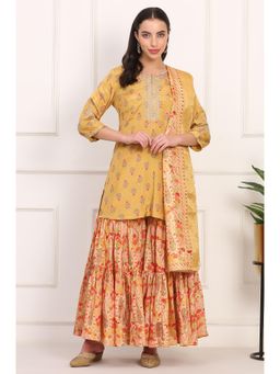 W - Yellow Embroidered Straight Kurta Sharara and Dupatta