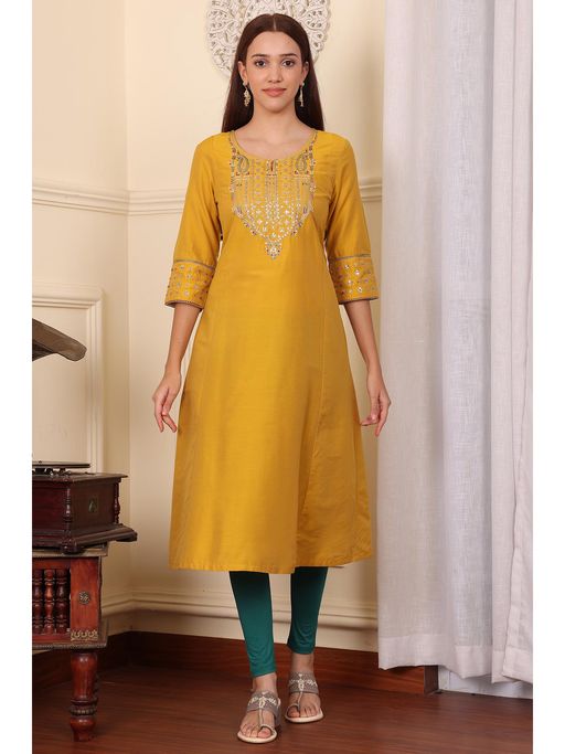 W Mustard Embroidered A-Line Blend Kurta and Pant
