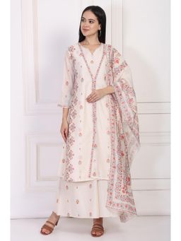 W - Off-White Floral Printed Kurta, Innersole, Pant and Dupatta