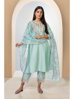 W - Green Embroidered Kurta Pant and Dupatta