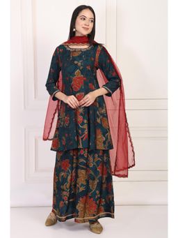W - Teal Floral Printed Embellished A-Line Kurta with Flared Pant and Dupatta