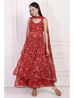 W - Red Floral Printed Lace Trim Anarkali Kurta Pant and Dupatta