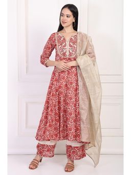 W - Red Embroidered Anarkali Kurta Pant and Dupatta