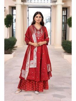 W - Red Embellished Flared Kurta Sharara and Dupatta