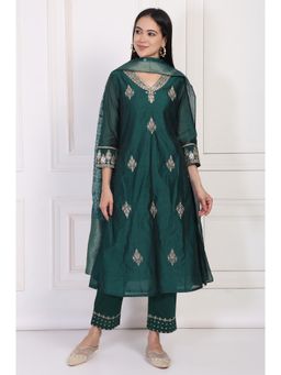 W - Green Embroidered A-Line Kurta Pant and Dupatta