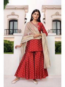 W - Red Embroidered Kurta Sharara and Dupatta
