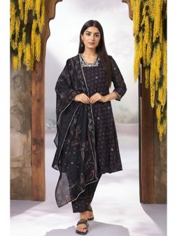 W - Black Embroidered A-Line Kurta Pant and Dupatta