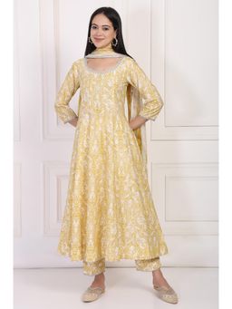 W - Yellow Embellished Anarkali Kurta with Straight Pant and Dupatta