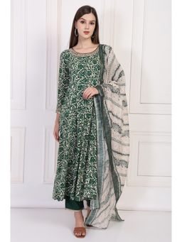 W - Green Printed Embellished Anarkali Kurta Pant and Dupatta