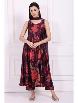 W - Purple Floral Printed Embellished Anarkali Kurta Pant and Dupatta