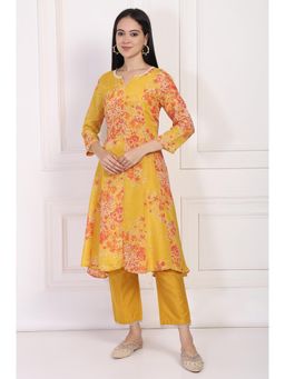 W - Yellow Floral Printed Beaded A-Line Kurta with Pant